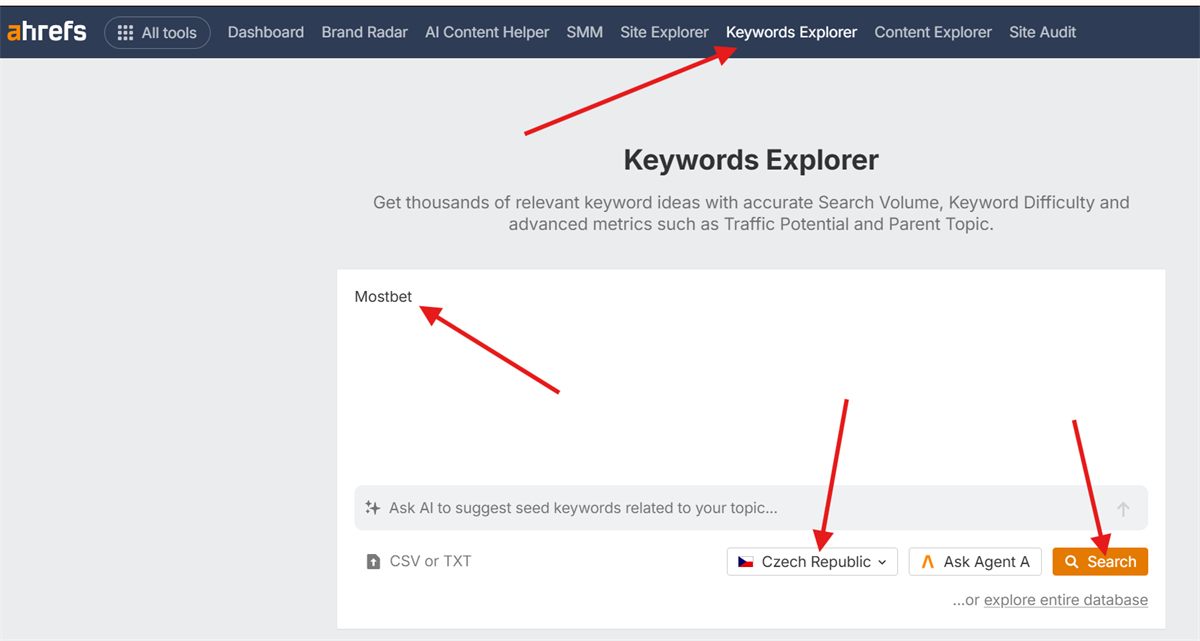 Ahrefs Keywords Explorer: бренд, гео и Search