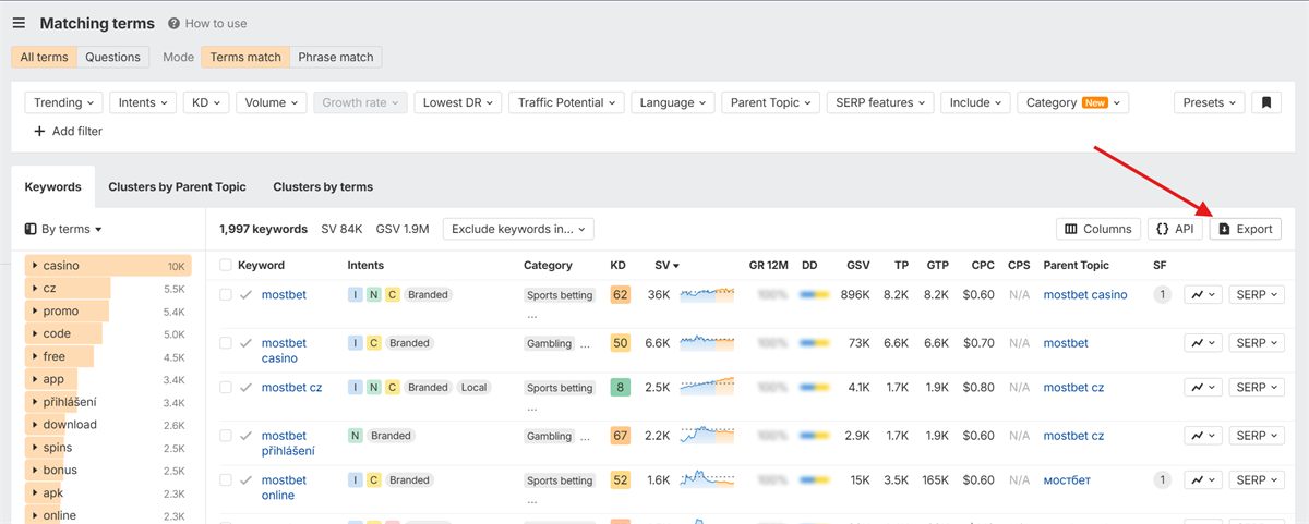 Ahrefs Matching terms: кнопка Export