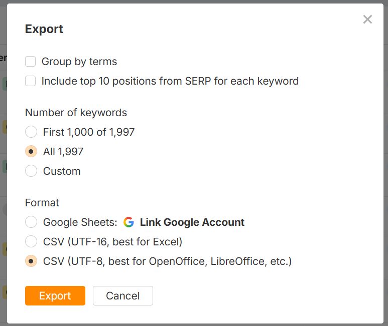 Ahrefs Export: All keywords и CSV UTF-8